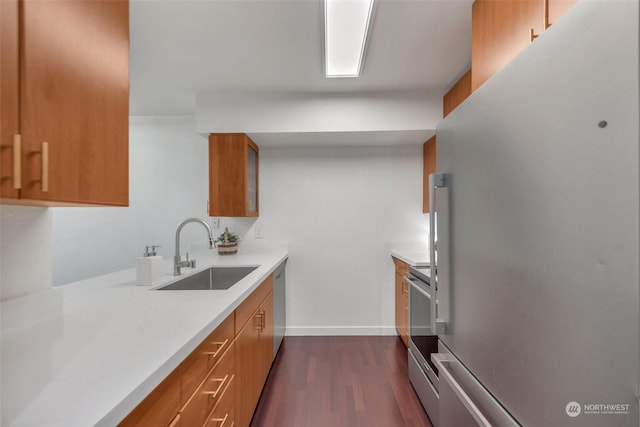 kitchen with appliances with stainless steel finishes, dark hardwood / wood-style flooring, and sink