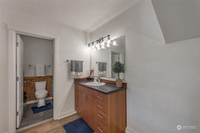 bathroom featuring vanity, hardwood / wood-style flooring, and toilet