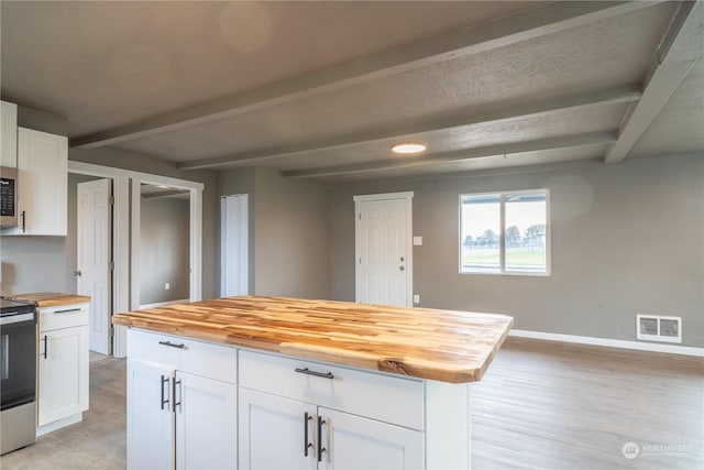 kitchen featuring white cabinets, wooden counters, light wood-type flooring, and appliances with stainless steel finishes