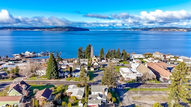 drone / aerial view with a water and mountain view