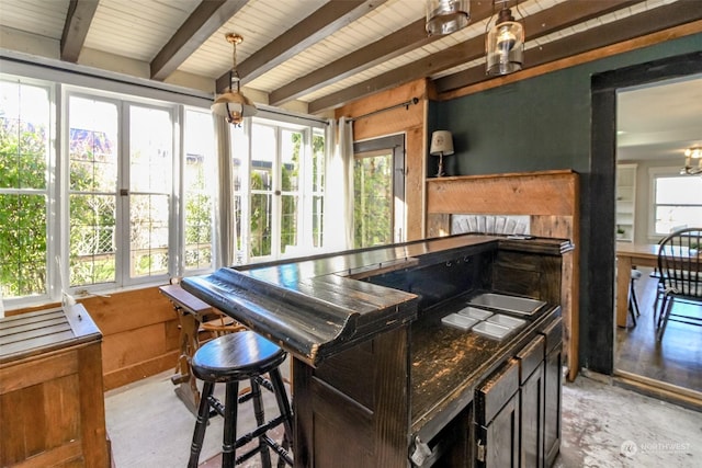 bar with plenty of natural light, beamed ceiling, and light hardwood / wood-style floors