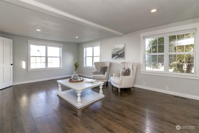 living area featuring beam ceiling and dark wood-type flooring