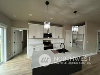 kitchen featuring hanging light fixtures, sink, white cabinets, and stainless steel appliances