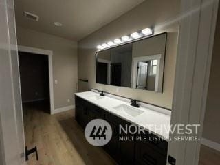 bathroom featuring vanity and wood-type flooring