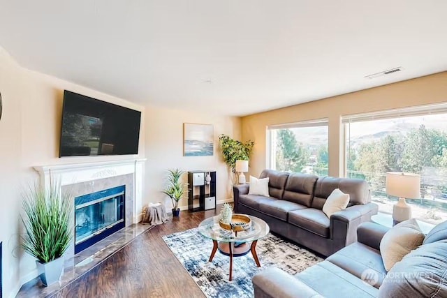 living room featuring a fireplace and dark hardwood / wood-style flooring