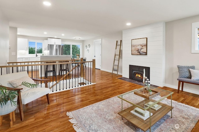 living room featuring a fireplace and wood-type flooring