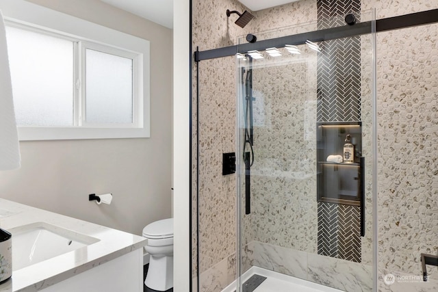 bathroom with vanity, toilet, and walk in shower