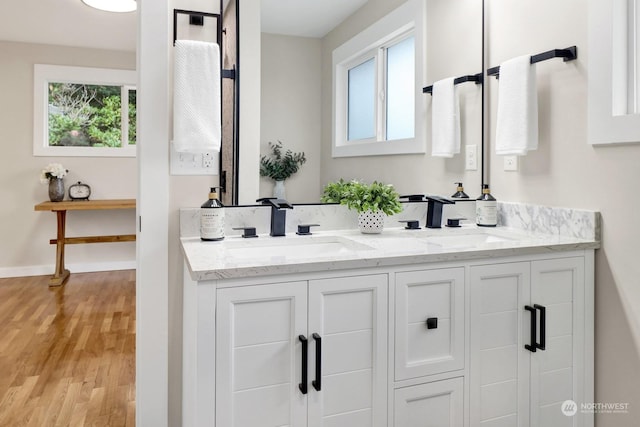 bathroom with vanity, hardwood / wood-style flooring, and a wealth of natural light