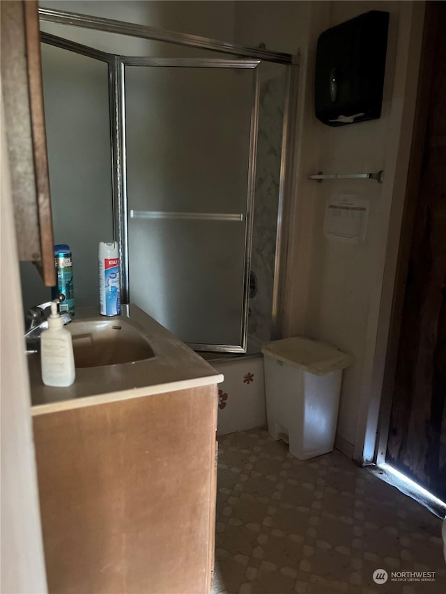 bathroom featuring vanity and a shower with shower door