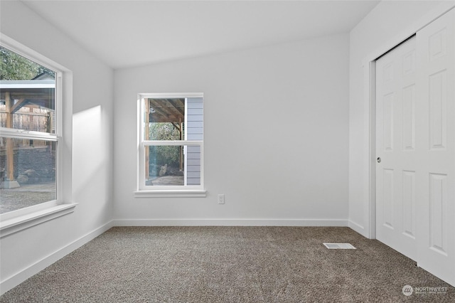 carpeted empty room with plenty of natural light and lofted ceiling