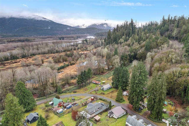 drone / aerial view featuring a mountain view