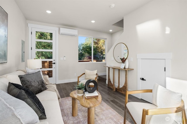 living room featuring a wall mounted AC, electric panel, and dark wood-type flooring