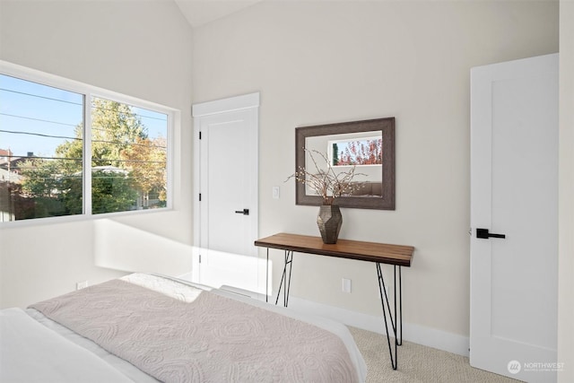 carpeted bedroom with lofted ceiling