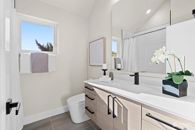 bathroom featuring wood-type flooring, lofted ceiling, toilet, vanity, and a shower with shower curtain