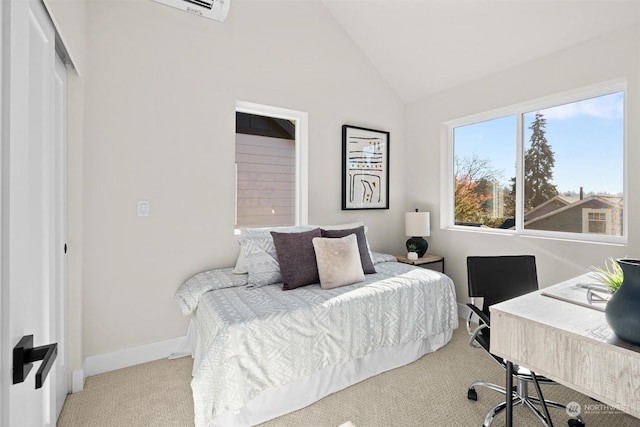 bedroom with light colored carpet and vaulted ceiling