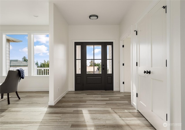 foyer entrance with light hardwood / wood-style floors and a wealth of natural light