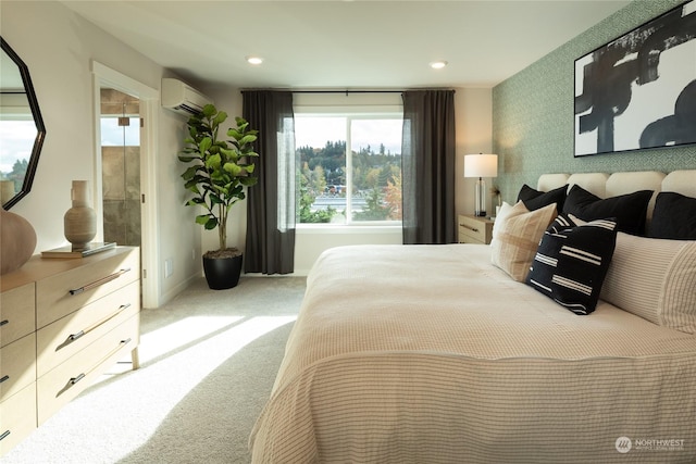 bedroom with light carpet and a wall unit AC