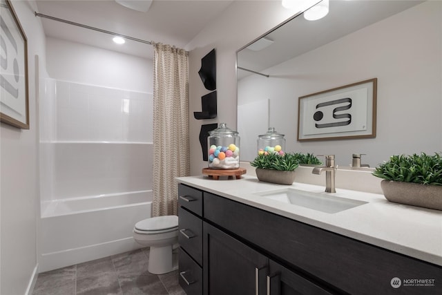 full bathroom with shower / bathtub combination with curtain, vanity, and toilet