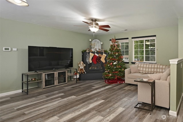 living room featuring hardwood / wood-style floors and ceiling fan