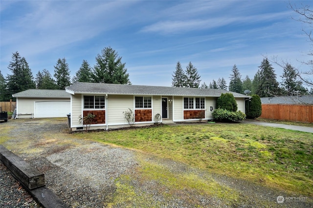 single story home with a front lawn