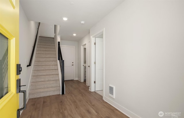 9014 NE 203rd Ln Unit B, Bothell, WA 98011 - hallway featuring stairs, wood finished floors, baseboards, and recessed lighting