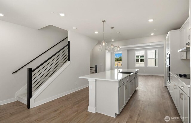 9014 NE 203rd Ln Unit B, Bothell, WA 98011 - kitchen with a sink, a center island with sink, light wood finished floors, ventilation hood, and recessed lighting