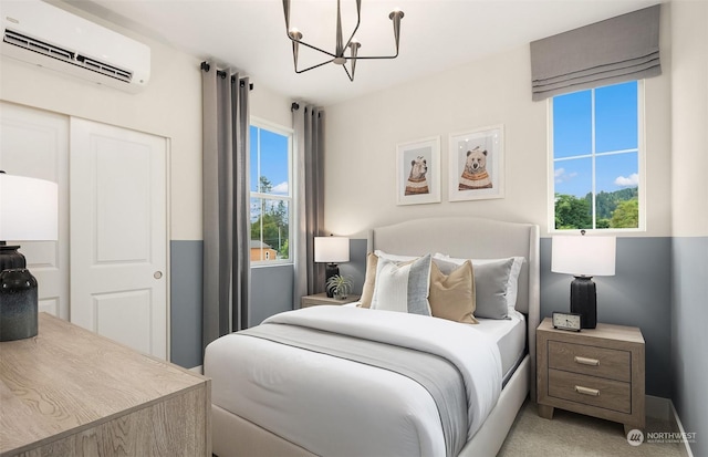 carpeted bedroom featuring an AC wall unit, multiple windows, and a closet