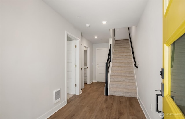 9014 NE 203rd Ln Unit C, Bothell, WA 98011 - hall featuring baseboards, wood finished floors, stairs, and recessed lighting
