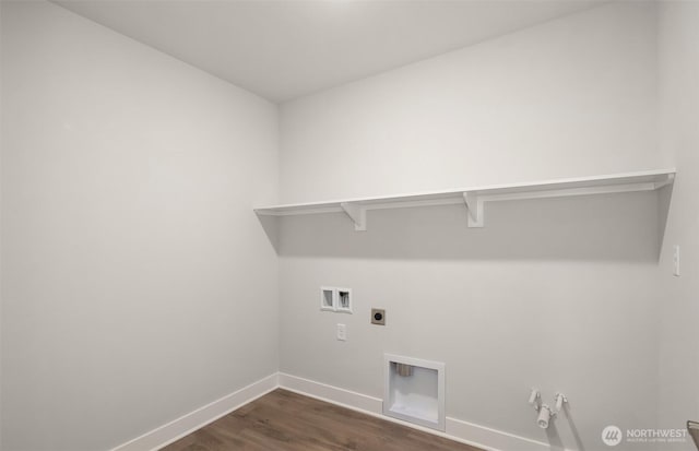 9014 NE 203rd Ln Unit C, Bothell, WA 98011 - laundry area with dark wood-type flooring, baseboards, washer hookup, electric dryer hookup, and gas dryer hookup