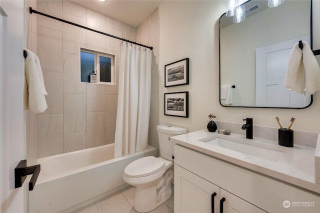 full bathroom featuring tile patterned flooring, vanity, toilet, and shower / bathtub combination with curtain