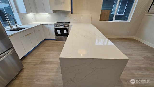 kitchen with sink, appliances with stainless steel finishes, white cabinetry, backsplash, and kitchen peninsula