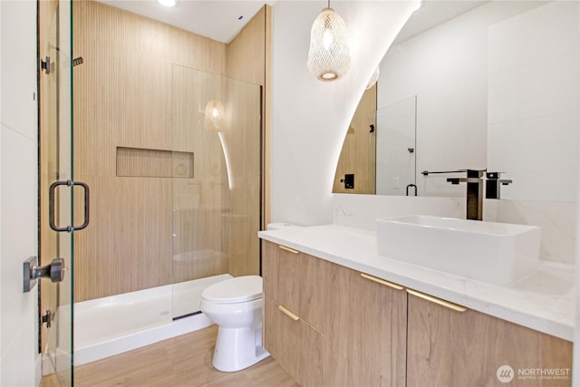 full bath featuring vanity, toilet, wood finished floors, and a stall shower