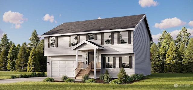 view of front of property with a garage and a front lawn