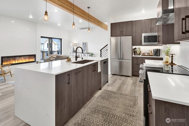 205 Riverwalk Dr, Lynden, WA 98264 - kitchen with appliances with stainless steel finishes, wall chimney exhaust hood, dark brown cabinetry, light wood-style flooring, and light countertops