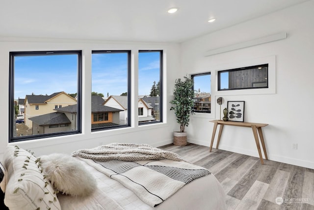 bedroom featuring multiple windows and light hardwood / wood-style floors