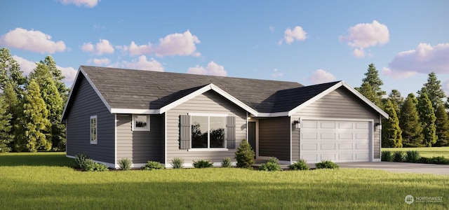 view of front of home with a garage and a front lawn