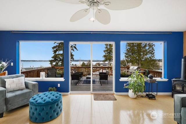 entryway with plenty of natural light, a water view, wood-type flooring, and a wood stove