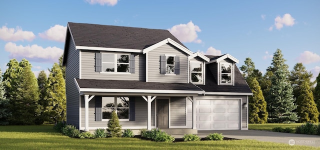 view of front of house featuring a garage and a front lawn