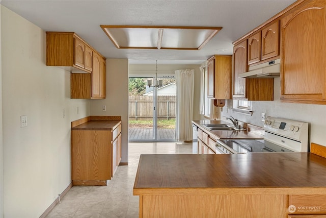 kitchen featuring kitchen peninsula, electric stove, sink, and a notable chandelier