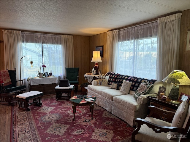 living room with hardwood / wood-style floors and wooden walls