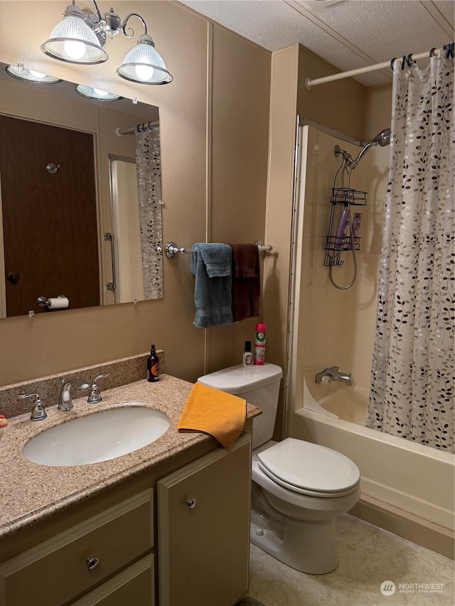 full bathroom featuring vanity, toilet, shower / bathtub combination with curtain, and a textured ceiling