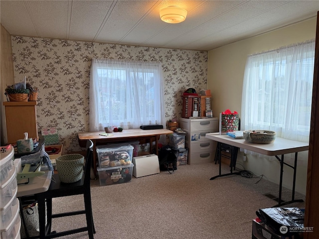 misc room with carpet flooring, a textured ceiling, and a wealth of natural light