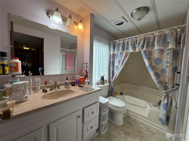 full bathroom with vanity, shower / bathtub combination with curtain, and toilet