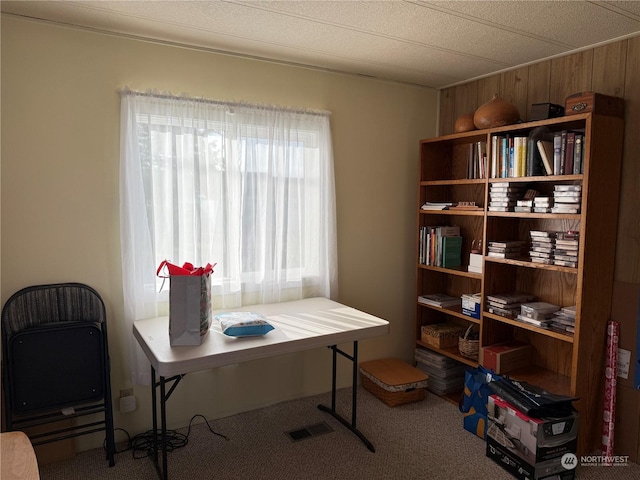 carpeted office featuring wooden walls