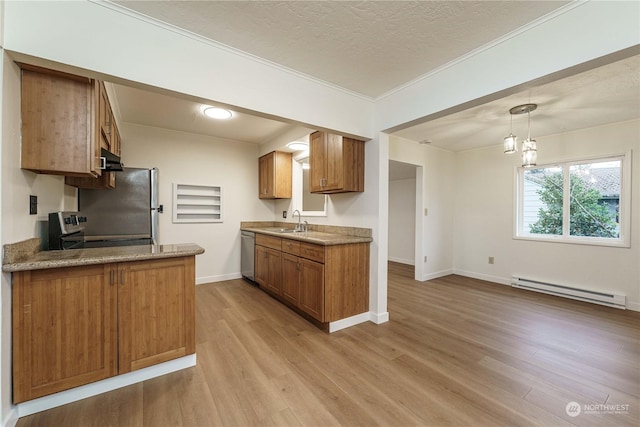 kitchen featuring a baseboard radiator, light hardwood / wood-style flooring, stainless steel appliances, and sink