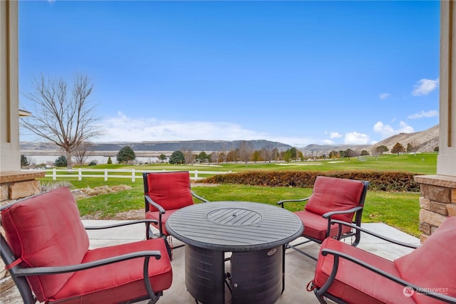 view of patio featuring a mountain view