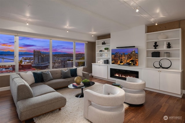 living room featuring built in features, track lighting, and dark hardwood / wood-style floors