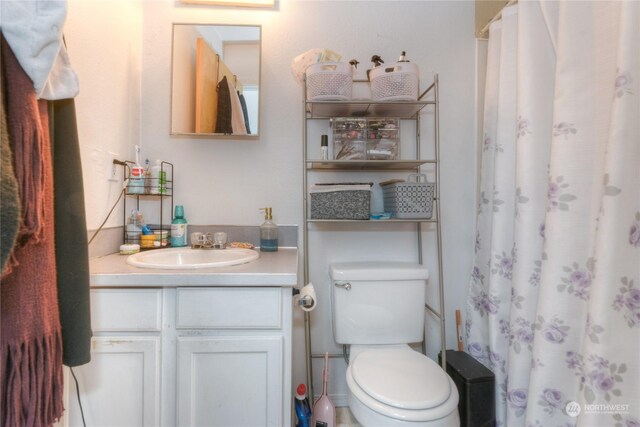 bathroom with vanity, a shower with shower curtain, and toilet