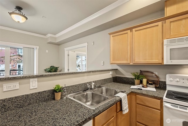 kitchen with white appliances, dark stone counters, ornamental molding, and sink