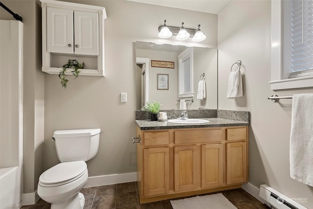 bathroom featuring tile patterned floors, vanity, toilet, and a baseboard heating unit